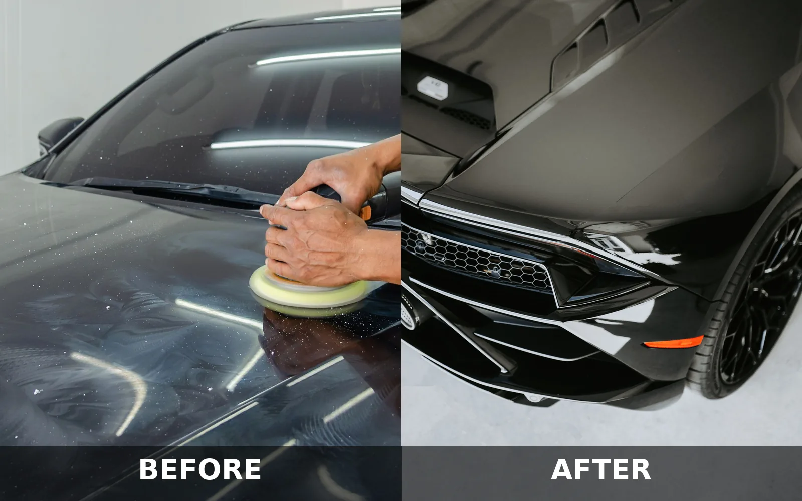 Before and after paint correction: a dark car with swirl marks being machine polished, next to a glossy black sports car with deep, swirl-free reflections